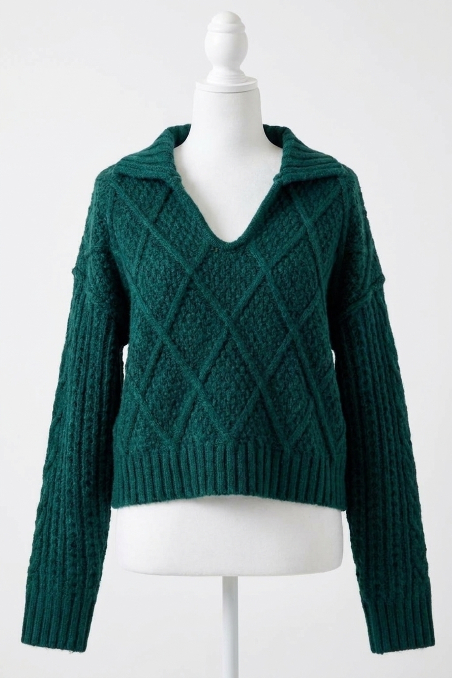 NEW BIBI diamond patterned collared sweater top in hunter